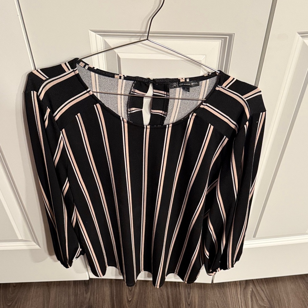 Adrianna Papell Black and Cream Striped Blouse